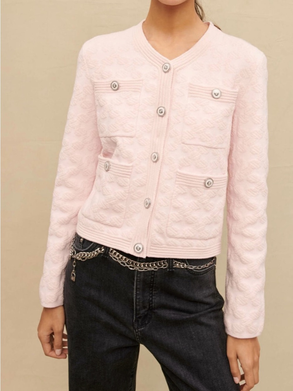 Maje Quilted Button-Front Cardigan